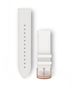 Two white leather bracelet pieces with rose gold fastenings, placed on a white background.