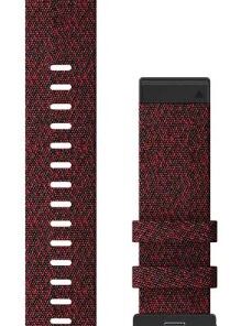 Punainen meleerattu Garmin-nailonhihna, 22 mm leveä, mustilla kiinnityksillä, suorana ja taitettuna kuvattuna vaalealla ta...