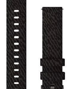 Musta kudottu nailonhihna, 20 mm leveä, tummanharmaat kiinnitysosat, tasainen yläperspektiivi, Garmin-brändin ranneke.