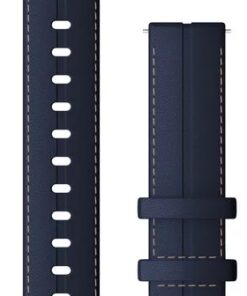 Dark blue leather straps for smartwatches, gold-colored attachment parts and stitching.