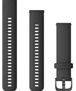 Garmin quick-release silicone straps, black color, 20 mm Black silicone smartwatch strap with dark gray fastening parts. Three parts shown from different angles.