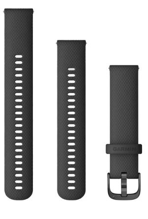 Black silicone smartwatch strap with dark gray fastening parts. Three parts shown from different angles.