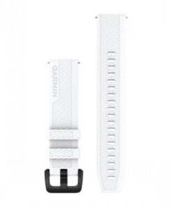 Valkoinen 20 mm leveä Garmin-hihnapari, jossa mustat ruostumattomasta teräksestä valmistetut soljet, kuvattuna ylhäältä.