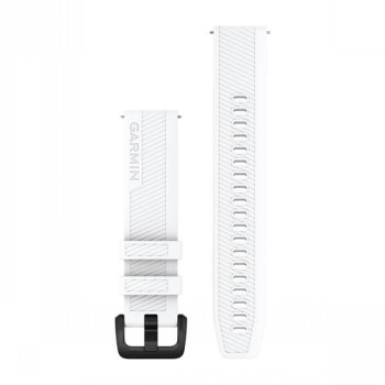 Valkoinen 20 mm leveä Garmin-hihnapari, jossa mustat ruostumattomasta teräksestä valmistetut soljet, kuvattuna ylhäältä.