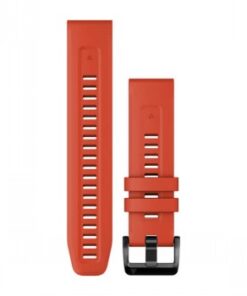 Bright red silicone watch straps named Garmin, black buckle, rectangular design.