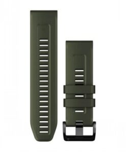 Tummanvihreä silikoninen kellonhihna, kuvioitu pinta, säädettävät reiät, metallisolki, Garmin QuickFit 26mm -malli.