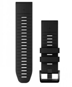 Black silicone Garmin QuickFit watch strap with adjustable holes and a metal buckle.