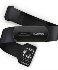 Black Garmin HRM 600 heart rate strap, small size, on a table against a black background.
