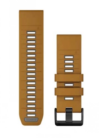 Brown silicone Garmin QuickFit 26mm watch strap with a black buckle and perforations for ventilation.