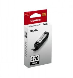 Canon PGI-570 inkjet pigment ink cartridge, color black, product shown in front and top perspective on the packaging...