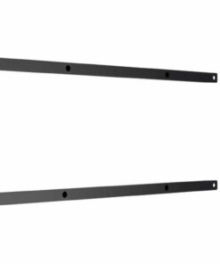 Two black metal brackets with symmetrical mounting holes against a white background.