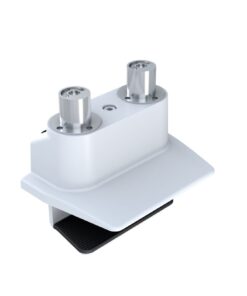 Multibrackets M GAS LIFT DUO desk mount, white White dual monitor desk mount with adjustment mechanism, side view.