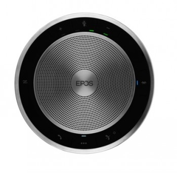 Round black and silver EPOS Expand 30 Bluetooth speaker with a detailed grille.