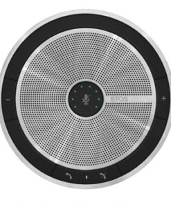 A round black and silver speakerphone with visible green LED lights and touch buttons.