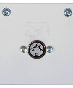 A white steel extension cable connection box with a round DIN connector in the center and two mounting screws.