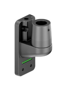 Black wall adapter with a cylindrical holder and green details, viewed from the side.
