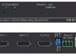 A black compact HDMI switch with two inputs, LED indicator lights, and front-facing connectors.