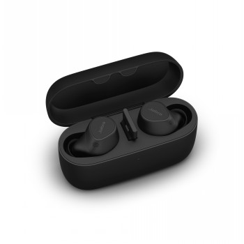 Jabra Evolve2 Buds UC earbuds and charging case open Black charging case with Jabra Evolve2 Buds earbuds and USB adapter, lid open.