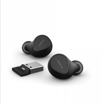 Jabra Evolve2 Buds UC earbuds and Link 390 adapter On the left, black Jabra Evolve2 Buds earbuds, and on the right, a small Link 390 USB adapter on a white background.