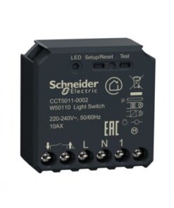 A black Schneider Electric Wiser switch module with connections and labels on the control panel.