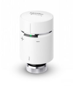 White round Schneider Electric Wiser thermostat with plus and minus signs and a silver metallic part at the bottom.
