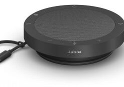 Round, black Jabra Speak2 40 speakerphone with USB and USB-C cables connected.