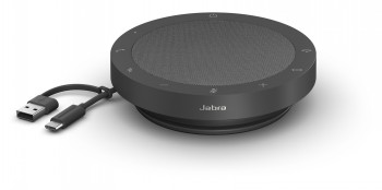 Pyöreä, musta Jabra-kaiutin, jossa kosketuspainikkeet reunuksella, keskellä kaiutinritilä, liitetty USB- ja USB-C-johdoilla.