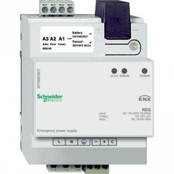 Schneider Electric KNX backup power supply unit front view with buttons. White Schneider Electric KNX backup power supply unit, front view with buttons and connectors.