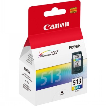 Canon PIXMA CL-513 color cartridge in packaging, clear logo and colorful background.