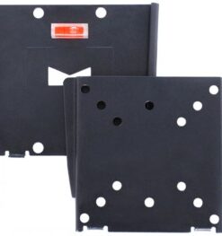 Black VESA standard wall mount, rectangular shape, multiple screw holes, built-in spirit level.
