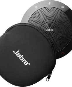 Black, round Jabra Speak 510 speaker with a dotted speaker grille and a zippered carrying case.