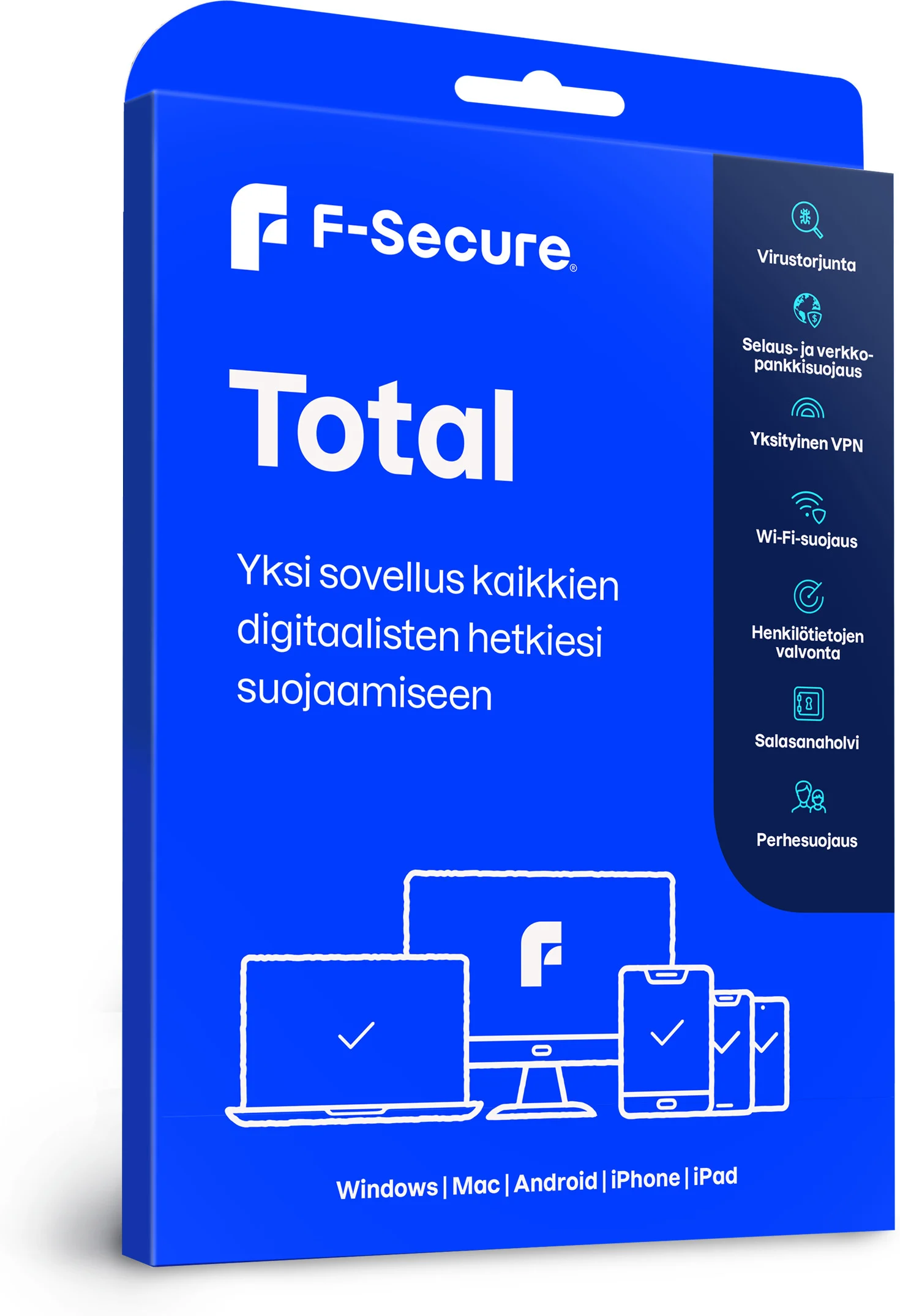 F-Secure Total 2-year protection for 7 devices, digital license. A blue F-Secure Total package with text and device icons. Front angle view.