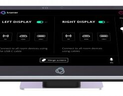 A black touchscreen panel with two displays and connection icons. White frame and stand.