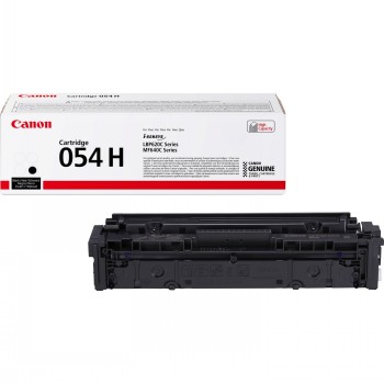 Canon's yellow Cartridge 054 H toner cartridge with brand packaging in the background on a white surface.