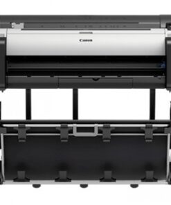 Canon imagePROGRAF TM-305 large-format printer on a stand A large black-and-white large-format printer on a stand, with the Canon logo in the center at the top.