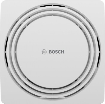 Bosch F1900 W100 exhaust fan with stylish design White square-shaped exhaust fan, featuring the Bosch logo at the center, circular air inlet.