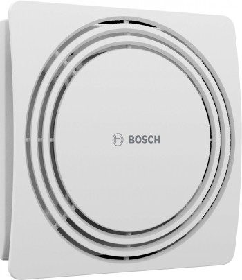 Bosch F1900 W100 exhaust fan with modern design White Bosch exhaust fan with a round central part and modern design, photographed from a front angle.