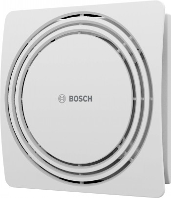 Bosch F1900 W100 exhaust fan with modern and stylish design. White square-shaped Bosch exhaust fan, circular grille in the center, minimalist design.