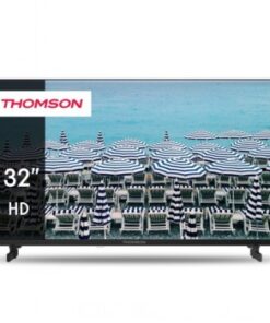 Thomson 32-inch black HD TV with beach sun loungers and blue sea on the screen.