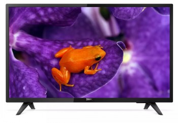 Philips 32-inch Full HD Android TV, black stands, purple flower background, and orange frog.