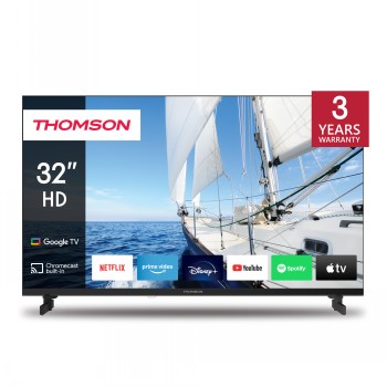 Thomson 32-inch HD Smart TV, screen displaying a boat on the sea and streaming app logos.