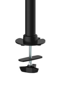 Black desk mount with an integrated clamping mechanism and sturdy metal frame.