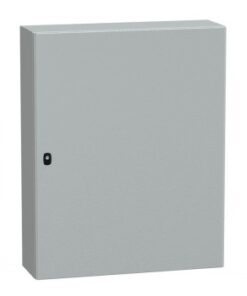 Schneider Electric wall cabinet 1000x800x250 mm with mounting plate Gray metallic wall cabinet, rectangular shape, black lock in the middle, front view.