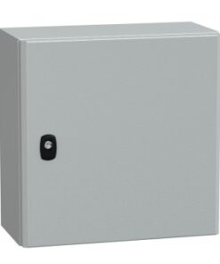 Schneider Electric metallic wall cabinet 400x400x200 mm, grey Light grey metallic wall cabinet, square shape, black lock in the front.