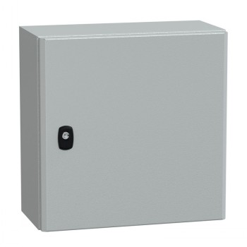 Schneider Electric metallic wall cabinet 400x400x200 mm, grey Light grey metallic wall cabinet, square shape, black lock in the front.