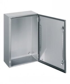 Schneider Electric stainless steel wall cabinet 1000x800x300 Rectangular stainless steel wall cabinet with the door opened.