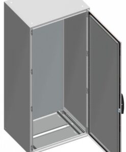 Schneider Electric floor-mounted cabinet, grey, 1400x800x300 mm. A metallic grey floor-mounted cabinet, front view, door open.