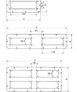 Schneider Electric flange opening 345x130 FL21, precise dimensions Rectangular flange opening by Schneider Electric, two elongated open sections with dimensions presented as a technical drawing.