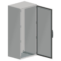 Schneider Electric floor-mounted cabinet with an open door A silver vertical floor-mounted electrical distribution cabinet, one door open.