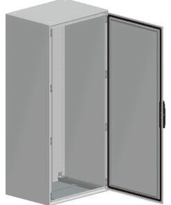 Gray floor-mounted metal cabinet with two doors and a mounting plate. Door open, interior visible.